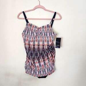 Jones New York one piece swim suit with dress skirt attached, ruched bust, Sz 10